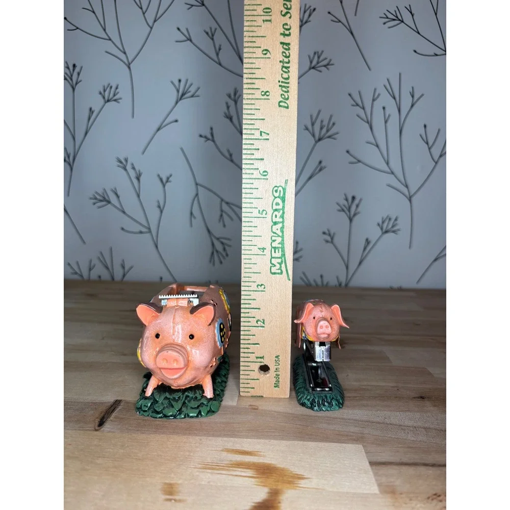 Vintage Style Pig Tape Dispenser and Stapler Set Floral Desk Accessories Pink